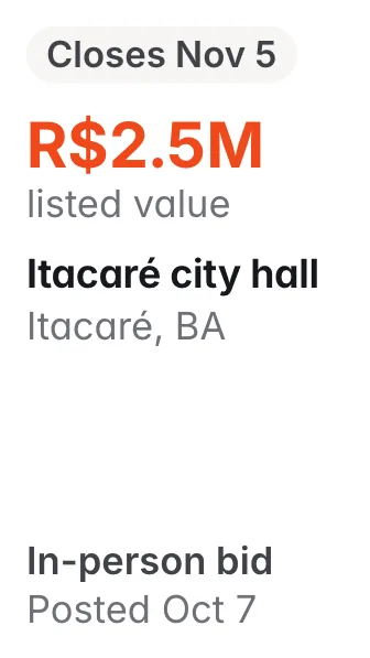 Itacaré city hall, Itacaré BA: R$2.5M listed; closes Nov 5; in-person bid