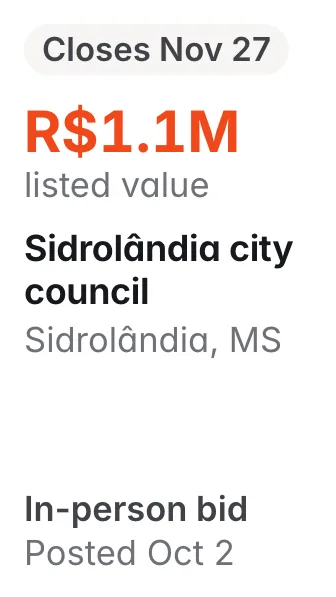 Sidrolândia city council, Sidrolândia MS: R$1.1M listed; closes Nov 27; in-person bid