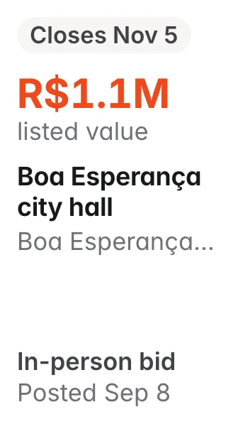Boa Esperança city hall, Boa Esperança MG: R$1.1M listed; closes Nov 5; in-person bid