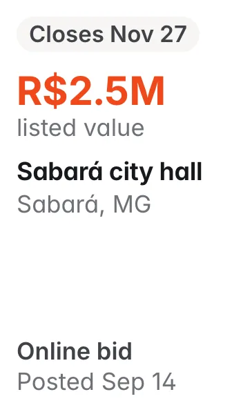 Sabará city hall, Sabará MG: R$2.5M listed; closes Nov 27; online bid