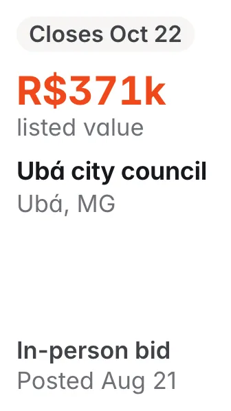 Ubá city council, Ubá MG: R$371k listed; closes Oct 22; in-person bid