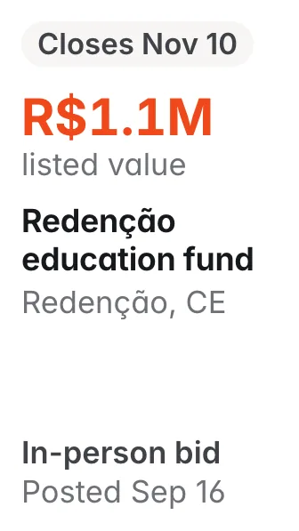 Redenção education fund, Redenção CE: R$1.1M listed; closes Nov 10; in-person bid