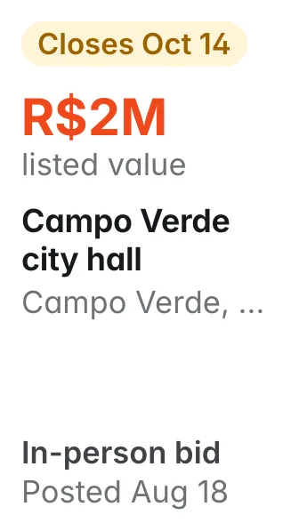 Campo Verde city hall, Campo Verde MT: R$2M listed; closes Oct 14; in-person bid