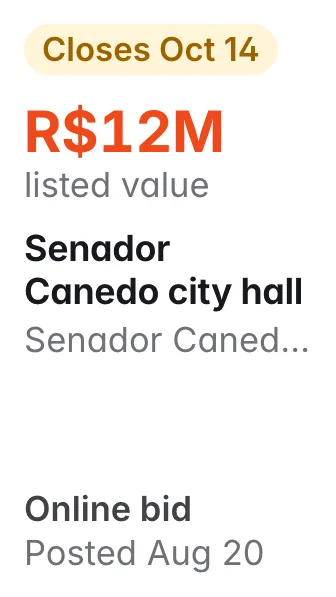 Senador Canedo city hall, Senador Canedo GO: R$12M listed; closes Oct 14; online bid
