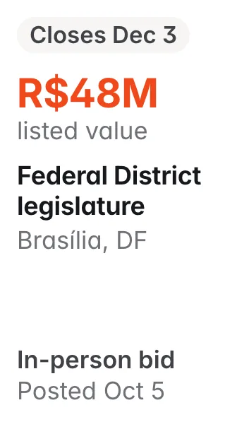Federal District legislature, Brasília DF: R$48M listed; closes Dec 3; in-person bid