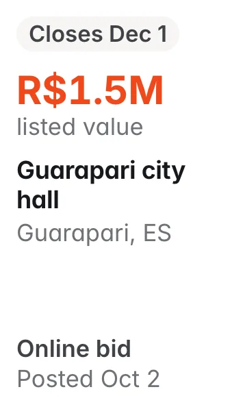 Guarapari city hall, Guarapari ES: R$1.5M listed; closes Dec 1; online bid