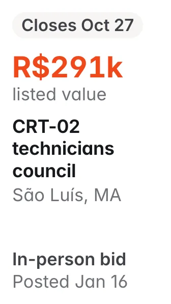 CRT-02 technicians council, São Luís MA: R$291k listed; closes Oct 27; in-person bid