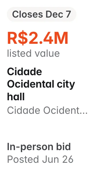 Cidade Ocidental city hall, Cidade Ocidental GO: R$2.4M listed; closes Dec 7; in-person bid