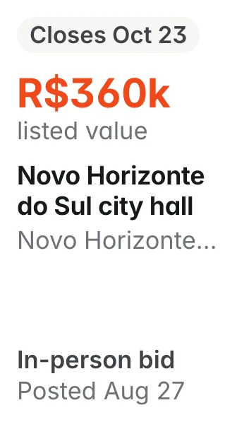 Novo Horizonte do Sul city hall, Novo Horizonte do Sul MS: R$360k listed; closes Oct 23; in-person bid