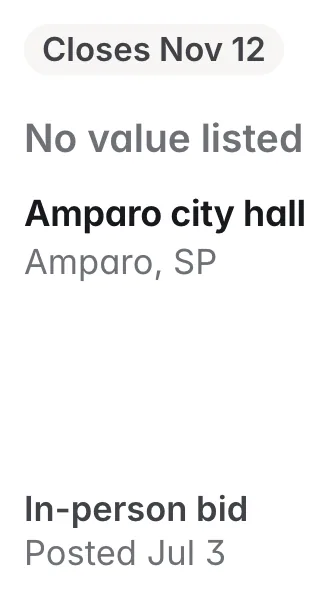 Amparo city hall, Amparo SP: no value listed; closes Nov 12; in-person bid