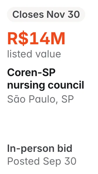 Coren-SP nursing council, São Paulo SP: R$14M listed; closes Nov 30; in-person bid