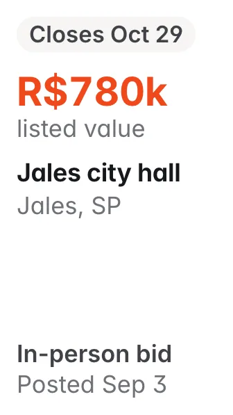 Jales city hall, Jales SP: R$780k listed; closes Oct 29; in-person bid