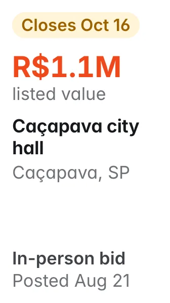 Caçapava city hall, Caçapava SP: R$1.1M listed; closes Oct 16; in-person bid