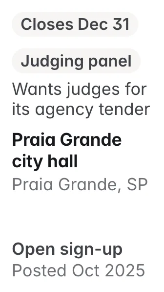 Praia Grande city hall, Praia Grande SP: calls marketing professionals to judge its agency tender; closes Dec 31