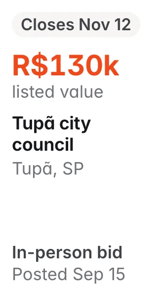 Tupã city council, Tupã SP: R$130k listed; closes Nov 12; in-person bid
