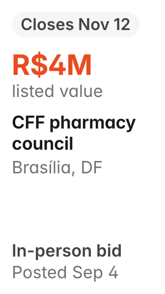CFF pharmacy council, Brasília DF: R$4M listed; closes Nov 12; in-person bid