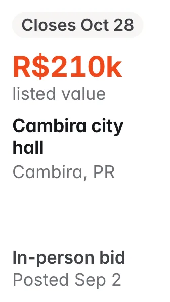 Cambira city hall, Cambira PR: R$210k listed; closes Oct 28; in-person bid