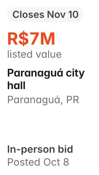 Paranaguá city hall, Paranaguá PR: R$7M listed; closes Nov 10; in-person bid