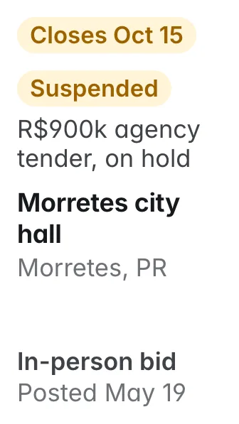 Morretes city hall, Morretes PR: R$900k agency tender, suspended on the portal
