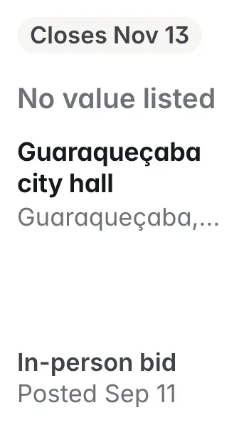 Guaraqueçaba city hall, Guaraqueçaba PR: no value listed; closes Nov 13; in-person bid