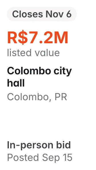 Colombo city hall, Colombo PR: R$7.2M listed; closes Nov 6; in-person bid