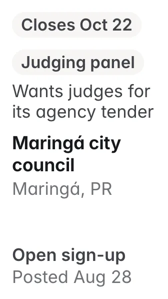 Maringá city council, Maringá PR: calls marketing professionals to judge its agency tender; closes Oct 22