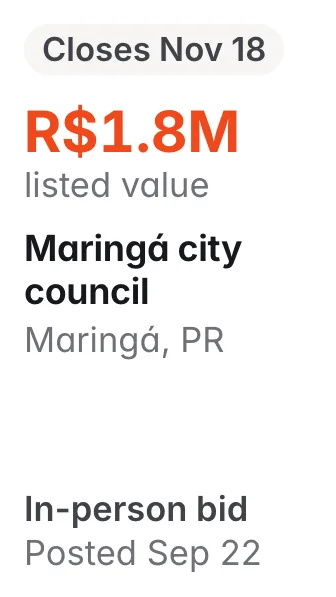 Maringá city council, Maringá PR: R$1.8M listed; closes Nov 18; in-person bid