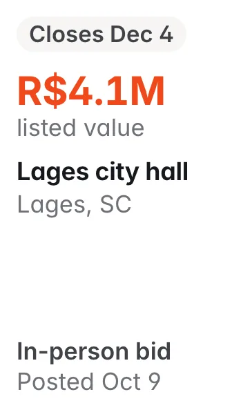 Lages city hall, Lages SC: R$4.1M listed; closes Dec 4; in-person bid