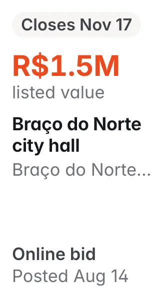 Braço do Norte city hall, Braço do Norte SC: R$1.5M listed; closes Nov 17; online bid