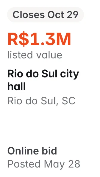 Rio do Sul city hall, Rio do Sul SC: R$1.3M listed; closes Oct 29; online bid