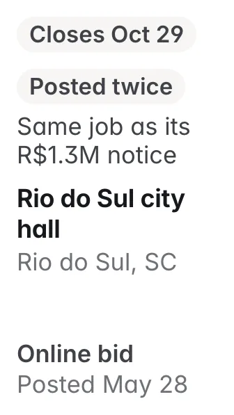 Rio do Sul city hall, Rio do Sul SC: second notice for the same job as its R$1.3M tender; lists R$95