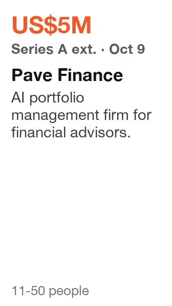 Pave Finance: Series A ext., US$5M, announced Oct 9, 2026. AI portfolio management firm for financial advisors.