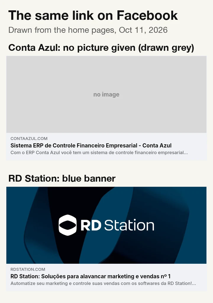 Facebook cards: Conta Azul with no picture given (drawn as a grey placeholder), RD Station with its blue banner