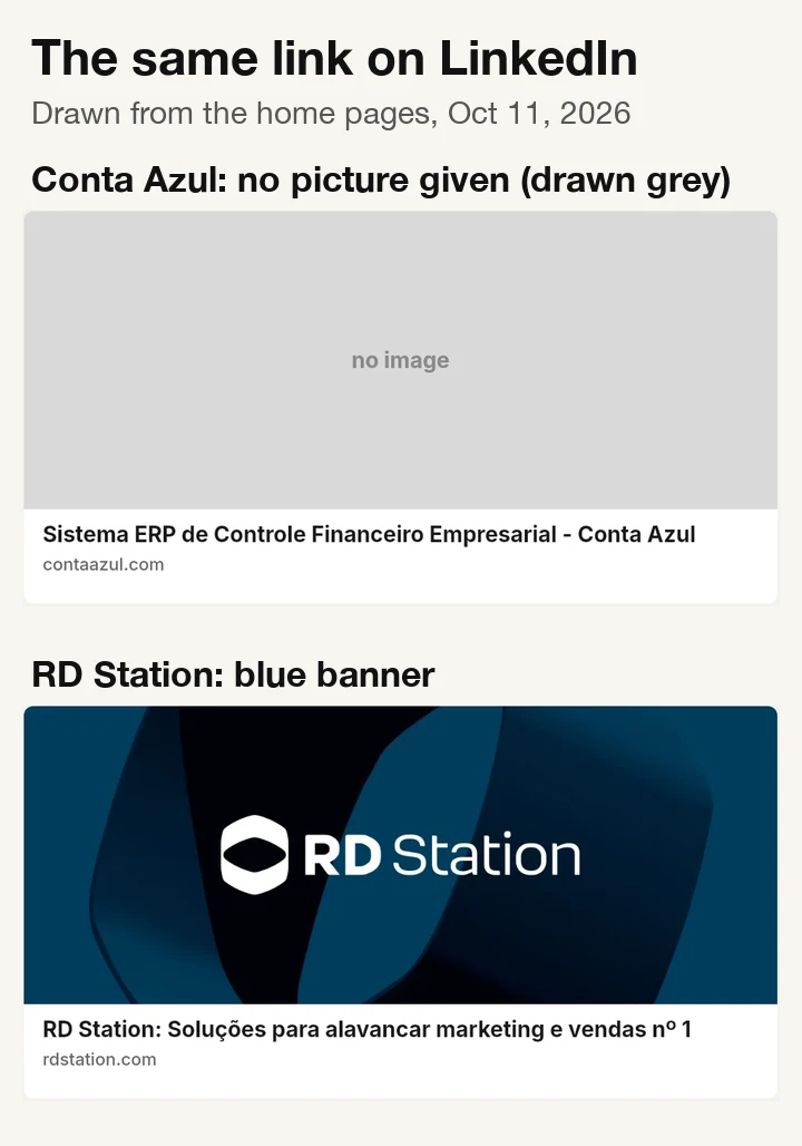 LinkedIn cards: Conta Azul with no picture given (drawn as a grey placeholder), RD Station with its blue banner