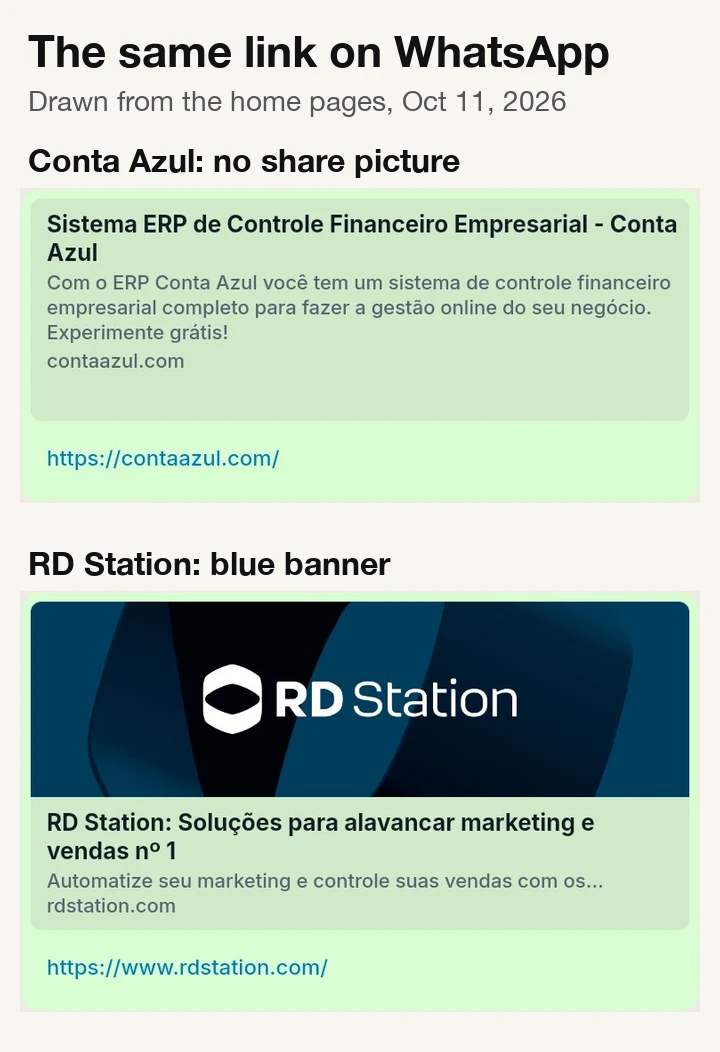 WhatsApp cards: Conta Azul text only, RD Station with its blue banner