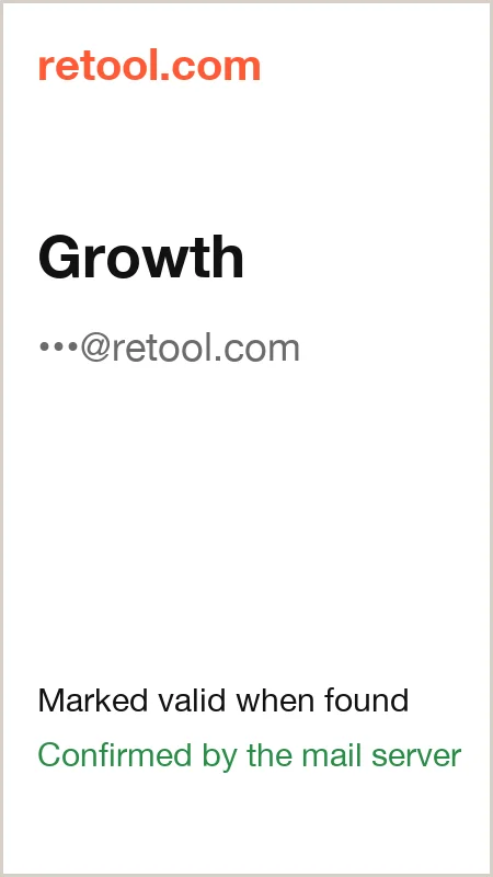 retool.com · Growth · marked valid when found · confirmed by the mail server