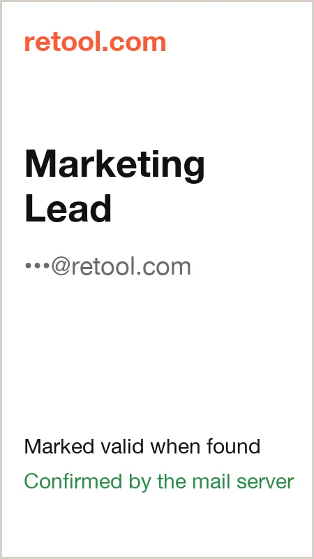 retool.com · Marketing Lead · marked valid when found · confirmed by the mail server