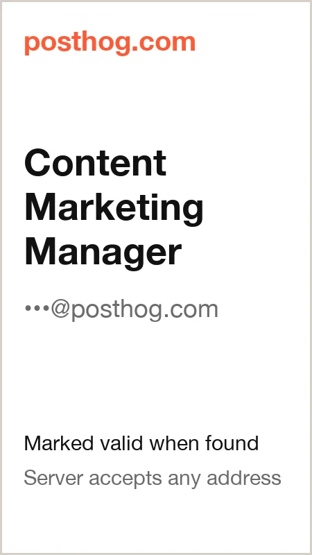 posthog.com · Content Marketing Manager · marked valid when found · server accepts any address