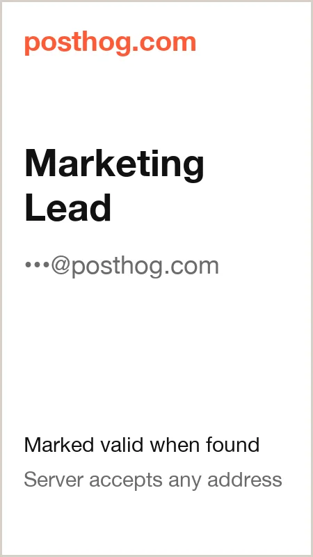 posthog.com · Marketing Lead · marked valid when found · server accepts any address
