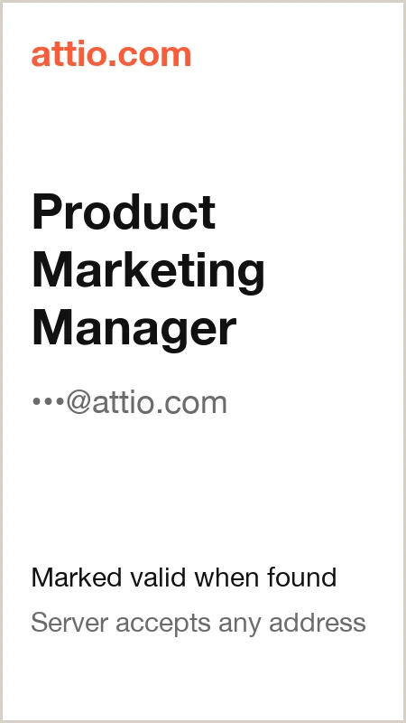 attio.com · Product Marketing Manager · marked valid when found · server accepts any address