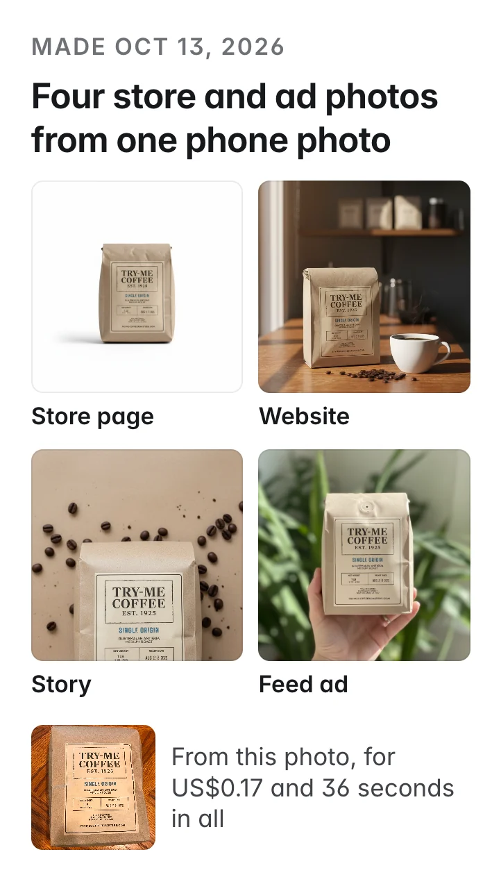 Four photos made on Oct 13, 2026 from one phone photo of a Try-Me Coffee bag: on white for the store page, on a café counter with a cup for the website, on kraft paper with beans for an Instagram story, and held in a hand in front of plants for a feed ad; US$0.17 and 36 seconds in all