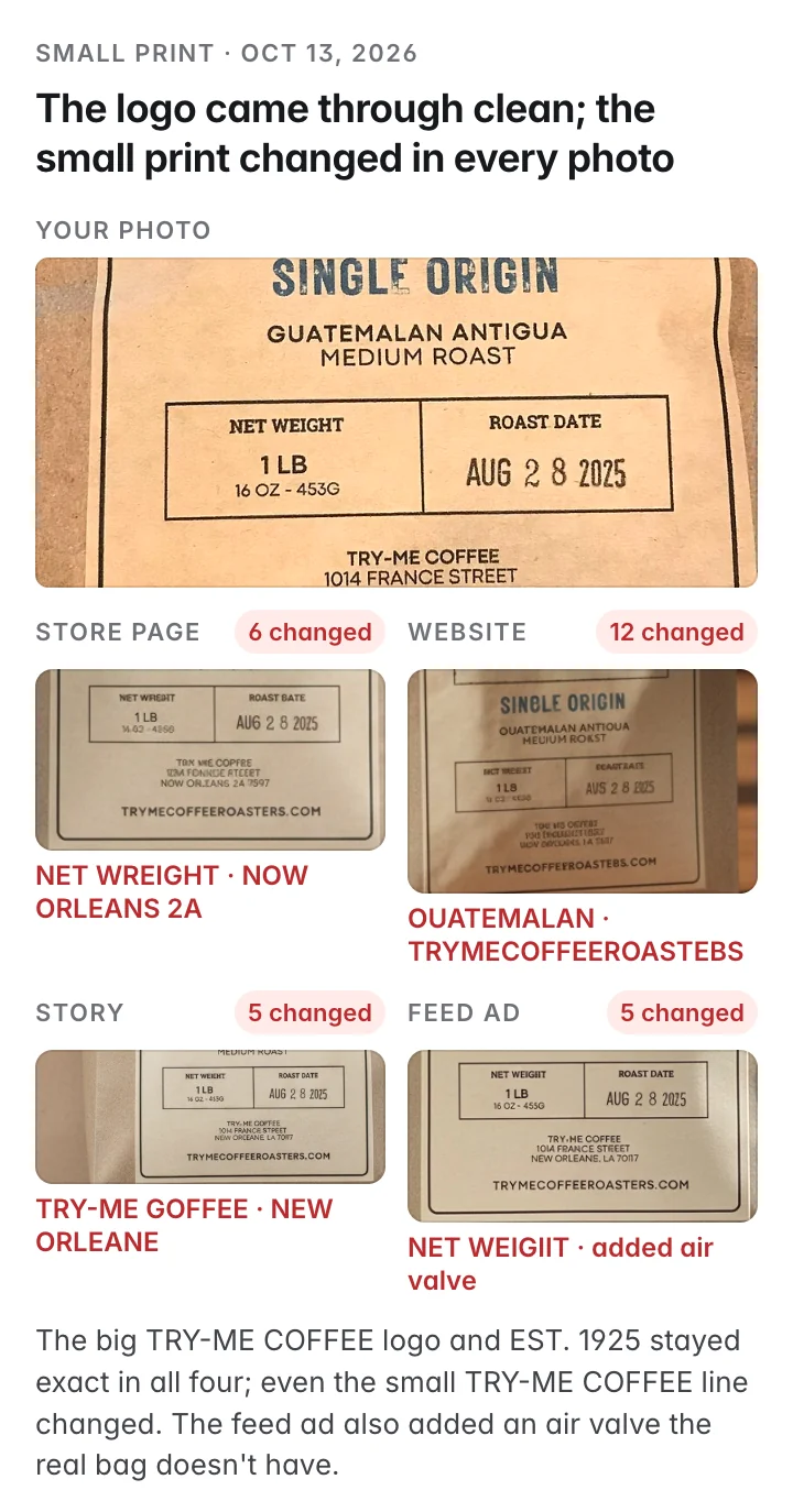 Small print, original next to each new photo. The big TRY-ME COFFEE logo and EST. 1925 stayed exact in all four; the small TRY-ME COFFEE line changed. Lines changed: store page 6, website 12, Instagram story 5, feed ad 5. The feed ad added an air valve the real bag does not have