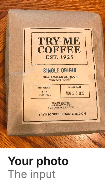 The input: a phone photo of a Try-Me Coffee bag on a wooden table