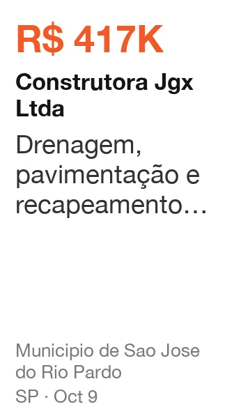 Construtora Jgx Ltda won R$ 417K from Municipio de Sao Jose do Rio Pardo (SP), published Oct 9: Drenagem, pavimentação e recapeamento na avenida antônio pereira dias e entorno