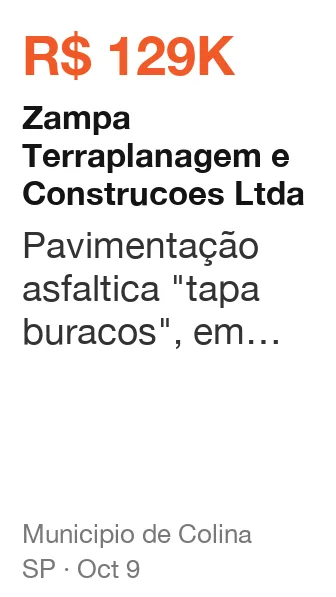 Zampa Terraplanagem e Construcoes Ltda won R$ 129K from Municipio de Colina (SP), published Oct 9: Pavimentação asfaltica "tapa buracos", em várias ruas e avenidas do município