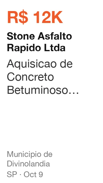 Stone Asfalto Rapido Ltda won R$ 12K from Municipio de Divinolandia (SP), published Oct 9: Aquisicao de Concreto Betuminoso Usinado a Quente CBUQ preparado para aplicacao a frio des