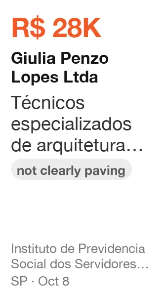 Giulia Penzo Lopes Ltda won R$ 28K from Instituto de Previdencia Social dos Servidores Municipais de Itupeva (SP), published Oct 8: Técnicos especializados de arquitetura corporativa, de natureza predominantemente intelect (not clearly paving)
