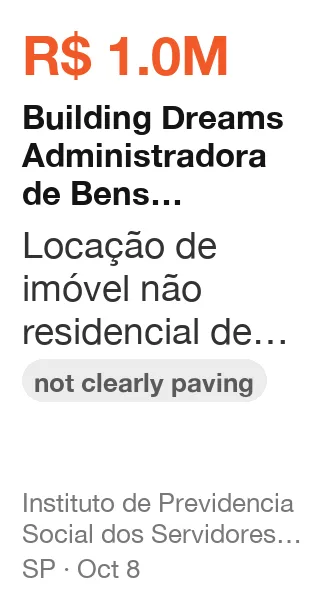 Building Dreams Administradora de Bens Proprios e Participacoes Ltda won R$ 1.0M from Instituto de Previdencia Social dos Servidores Municipais de Itupeva (SP), published Oct 8: Locação de imóvel não residencial de propriedade da LOCADORA, situado na Rua Juliana de Ol (not clearly paving)