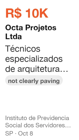 Octa Projetos Ltda won R$ 10K from Instituto de Previdencia Social dos Servidores Municipais de Itupeva (SP), published Oct 8: Técnicos especializados de arquitetura corporativa, podendo contemplar elementos de design (not clearly paving)