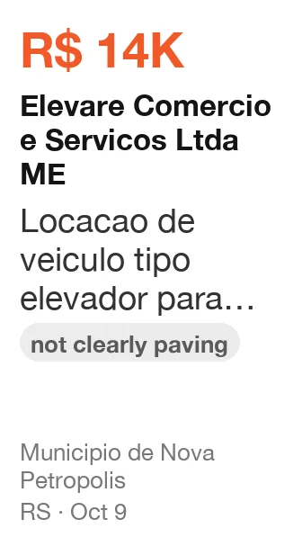 Elevare Comercio e Servicos Ltda ME won R$ 14K from Municipio de Nova Petropolis (RS), published Oct 9: Locacao de veiculo tipo elevador para permitir o acesso de usuarios de cadeiras de rodas a (not clearly paving)